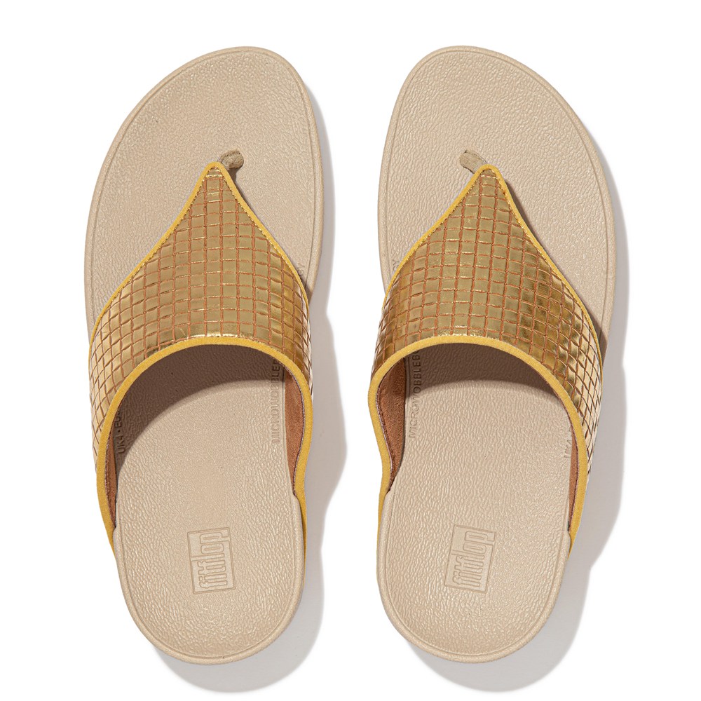 Fitflop Womens Sandals - Olive Metallic Leather Toe-post - Gold - 690-BHGCQY